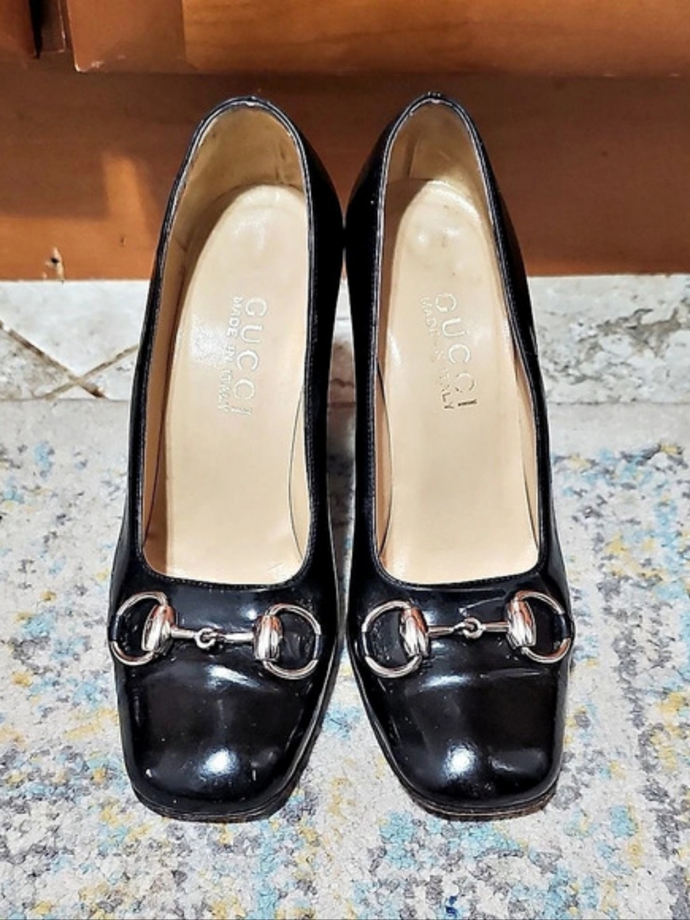 Gucci Black Leather Horsebit Block Heel Pumps Size 6B
